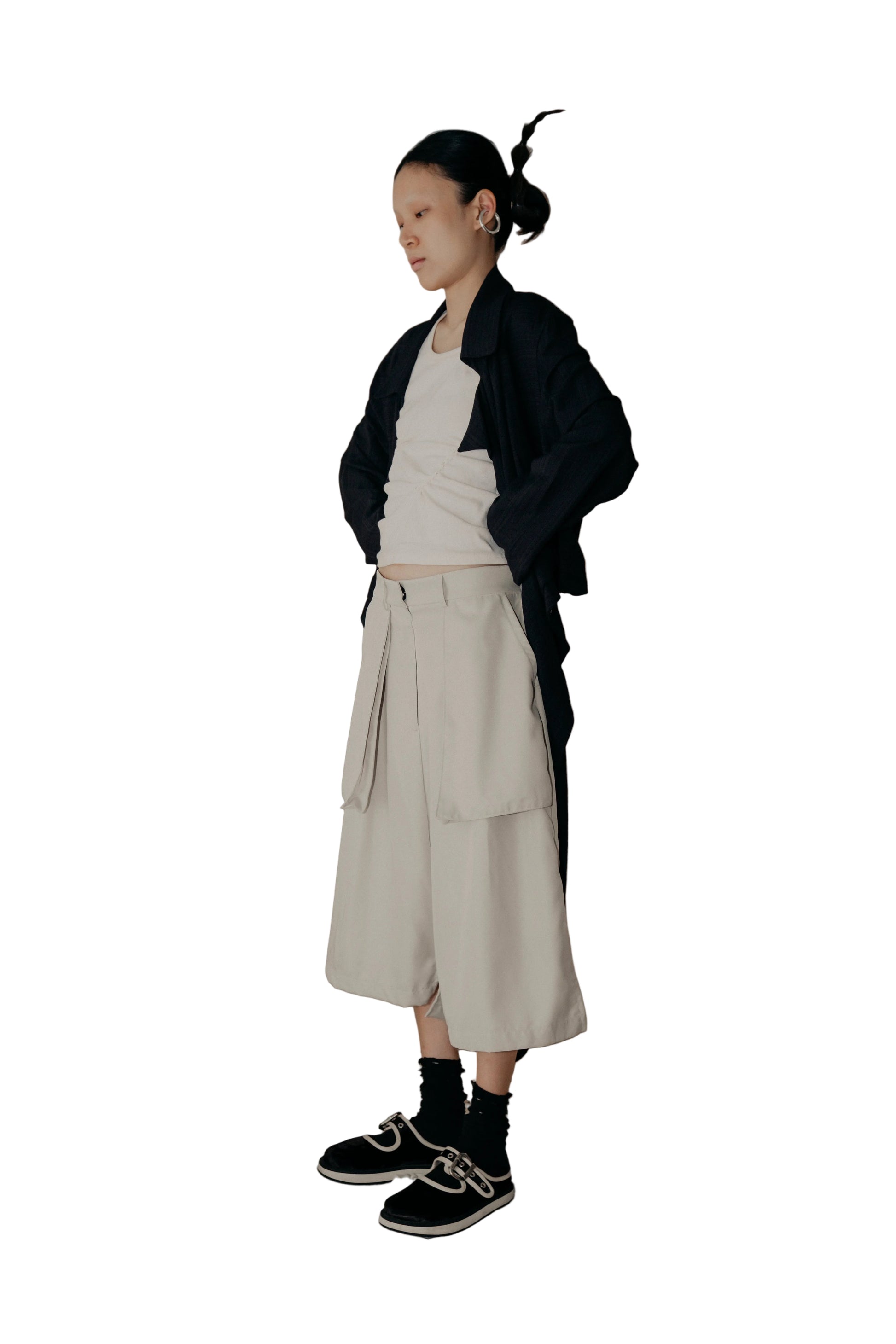 Asymmetrical Fly Pocket Pants In Cream - BEV C multi label store